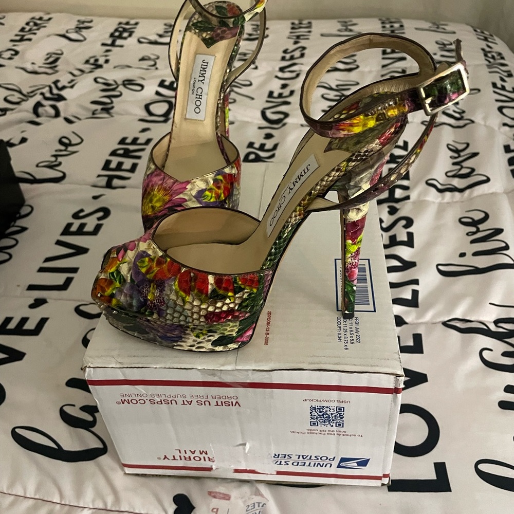 JIMMY CHOO Floral Python Ankle Strap Heel Pumps 39